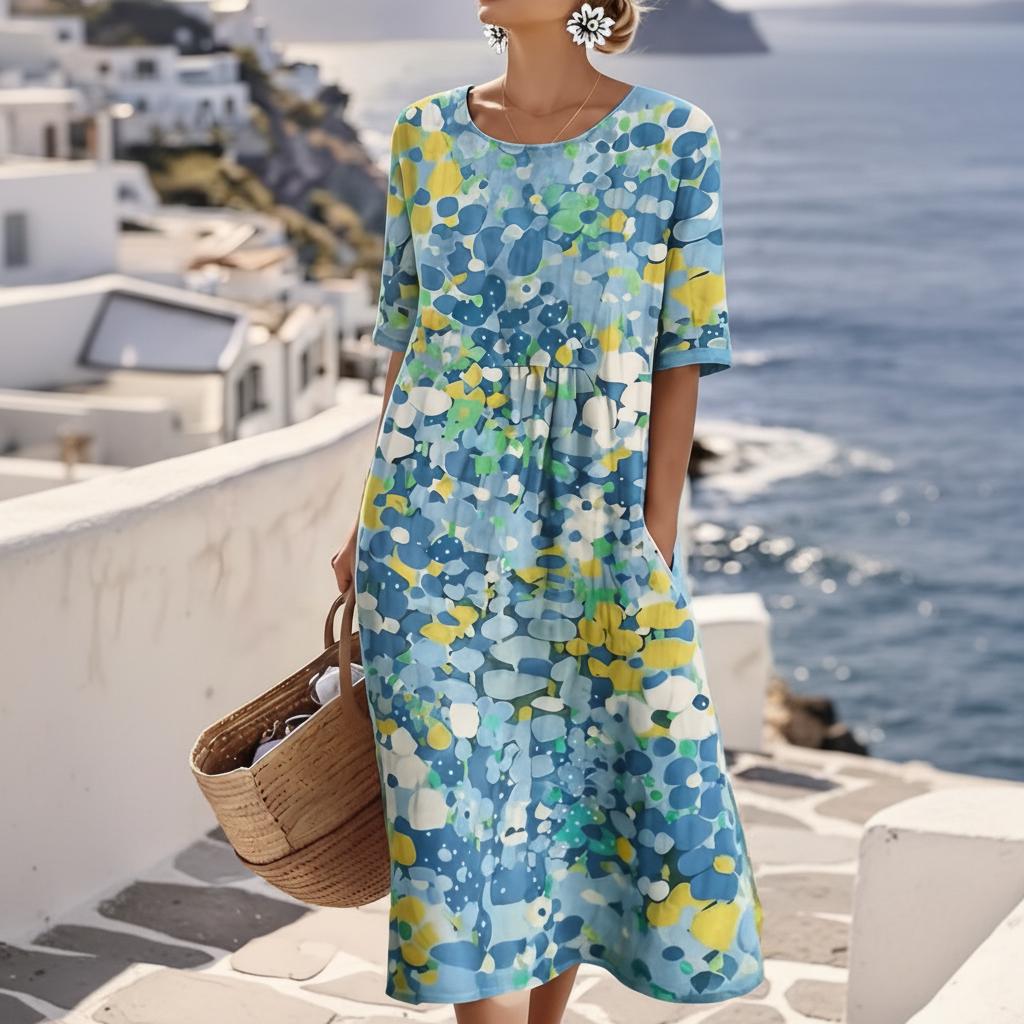 Blue Abstract Floral Print Casual Midi Dress