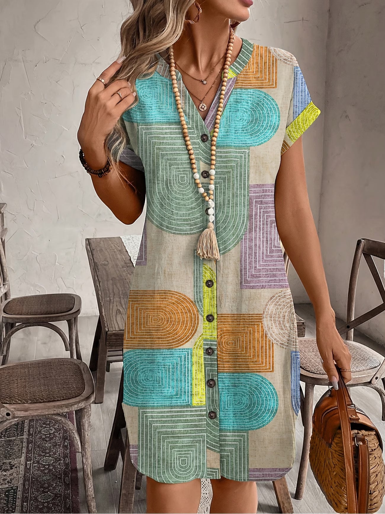Ailsa | Elegant Geometric V-Neck Button Dress
