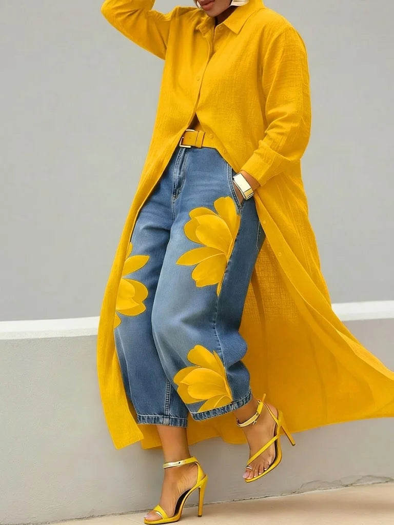 Mallory | Stylish Shirt Dress and Floral Jeans Set