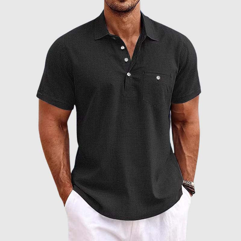 Men's Linen Polo Shirt - Classic Spread Collar and Chest Pocket