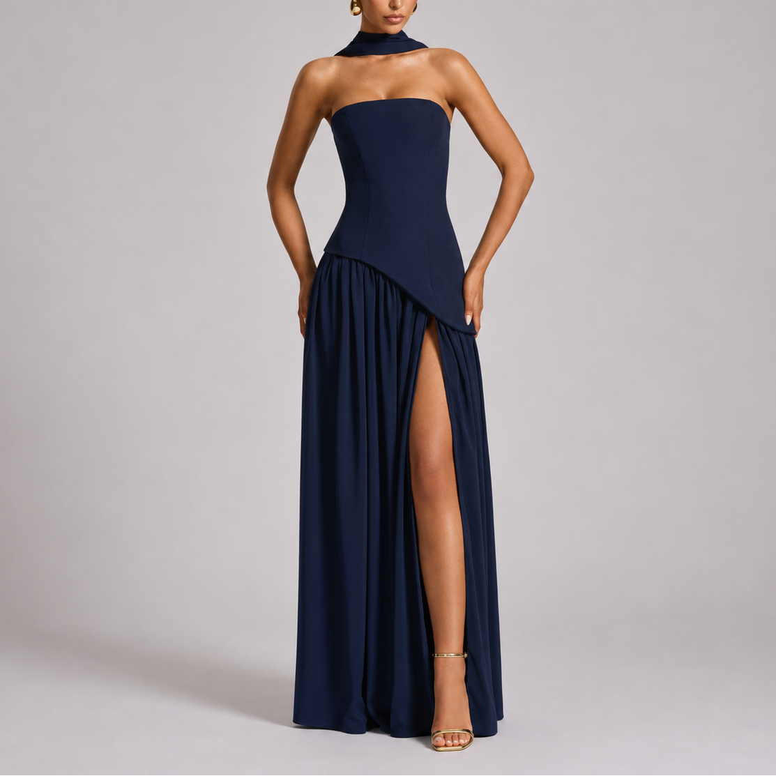 Women's Wedding Guest Maxi Dress with Open Back and Scarf Detail