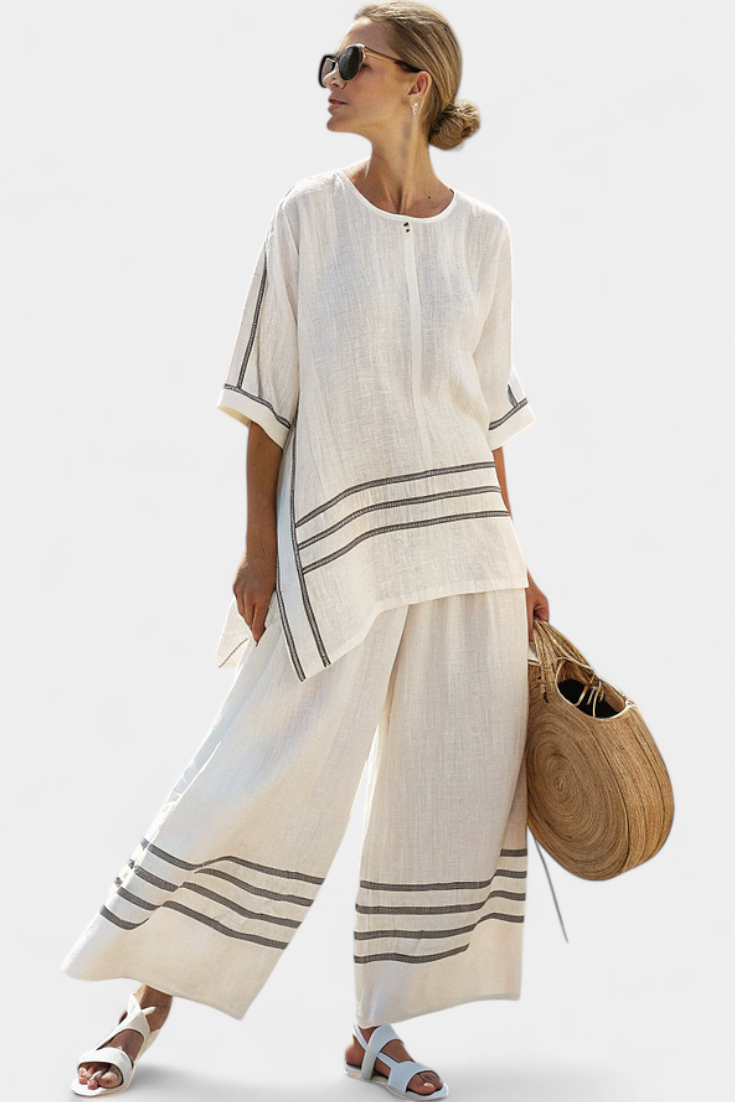 Wendy | Women's Striped Asymmetrical Top & Wide-Leg Pants