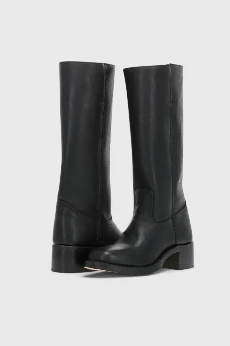 Women's leather mid-calf western-style boots with stacked-block heel