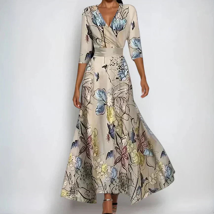 Women's Wedding Guest Floral Wrap Maxi Dress with V Neck