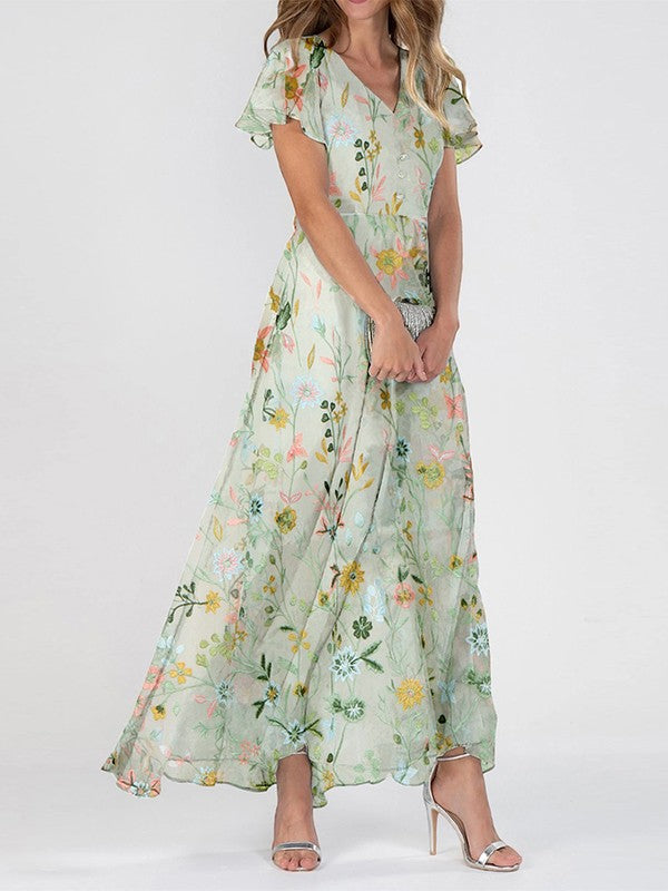 Salma | Women's Floral Maxi Dress with V-Neck Design