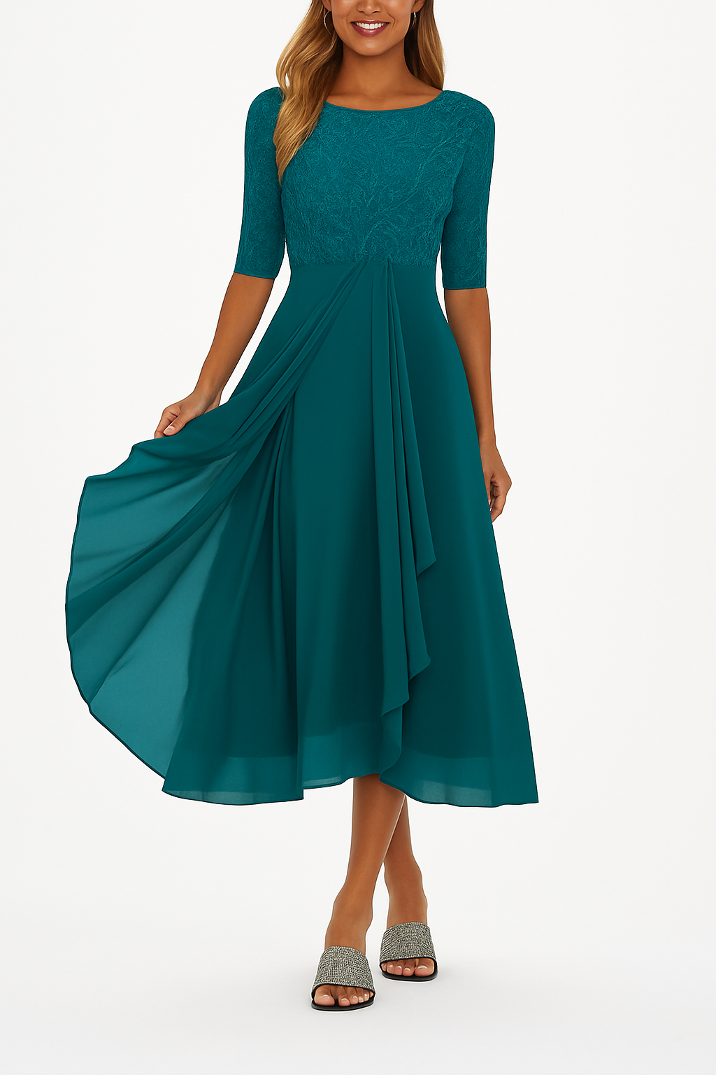 Margaret | Women's A-Line Midi Summer Dress with Textured Upper