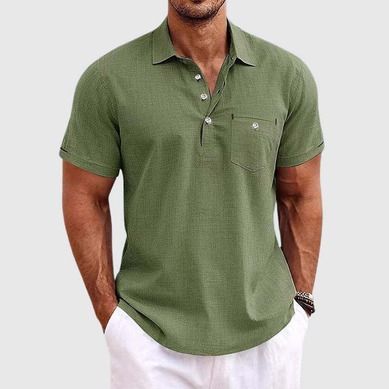 Men's Linen Polo Shirt - Classic Spread Collar and Chest Pocket