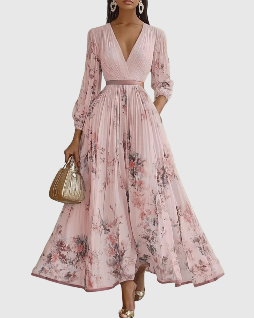 Rachel | Women's Floral Pleated V-Neck Maxi Dress