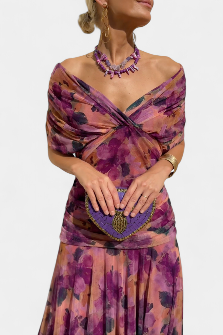 Women's Off-Shoulder Maxi Dress Ruched Bodice Flowing Skirt Evening Cocktail