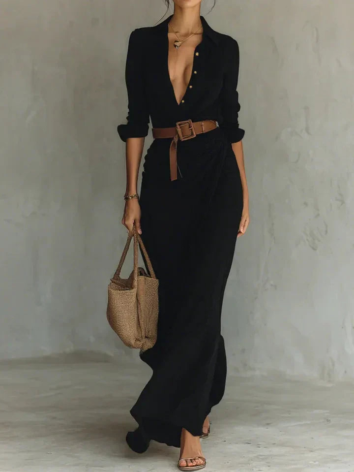 Uma | Women's Wrap V-Neck Maxi Dress with Lapel Collar