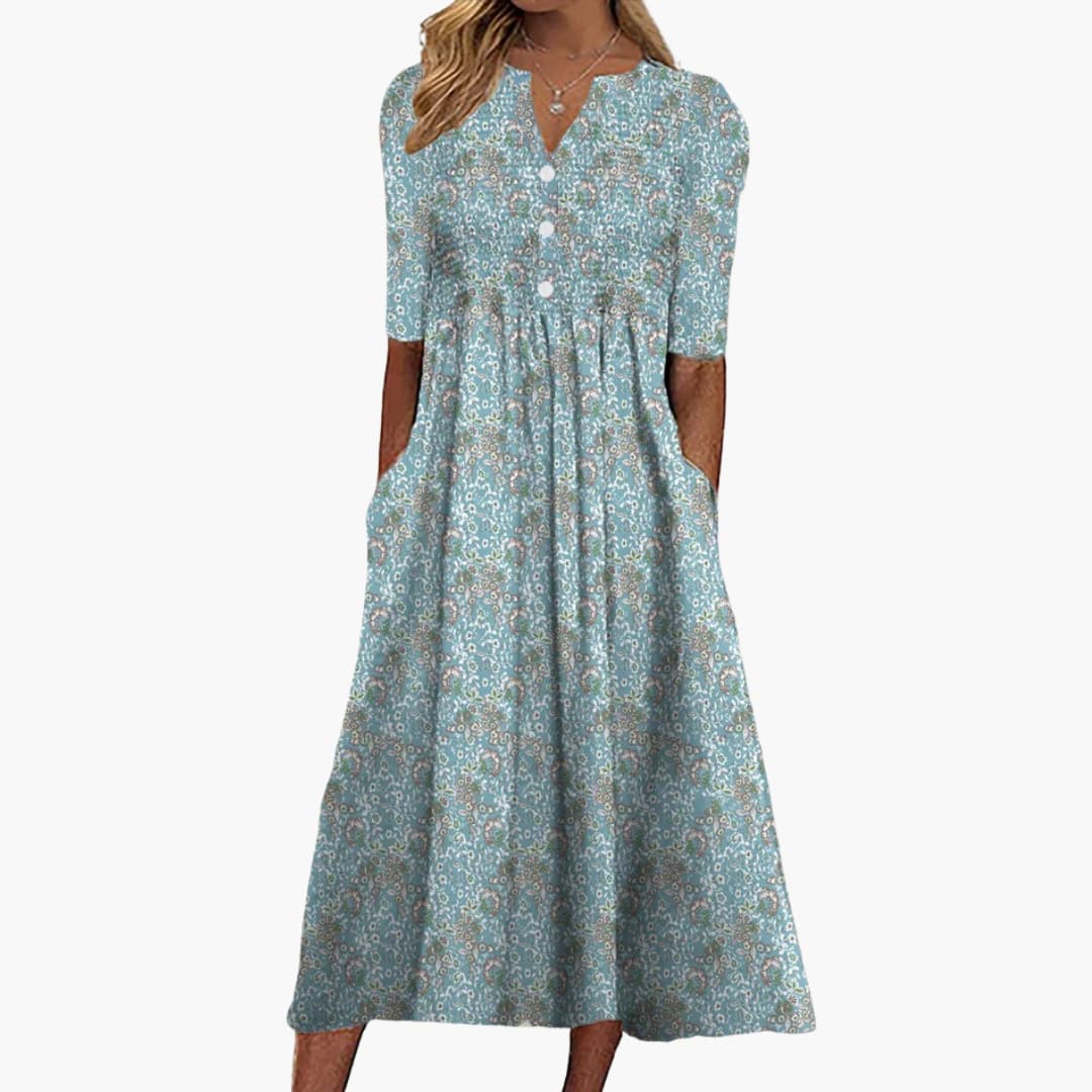 Women's Floral Midi Dress V-Neck Buttoned A-Line Half Sleeve