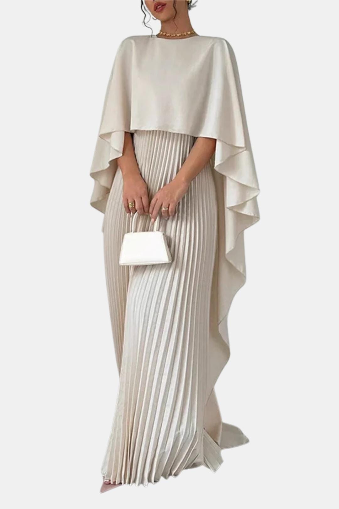 Veda – Pleated Chiffon Maxi Dress with High Neck Silhouette
