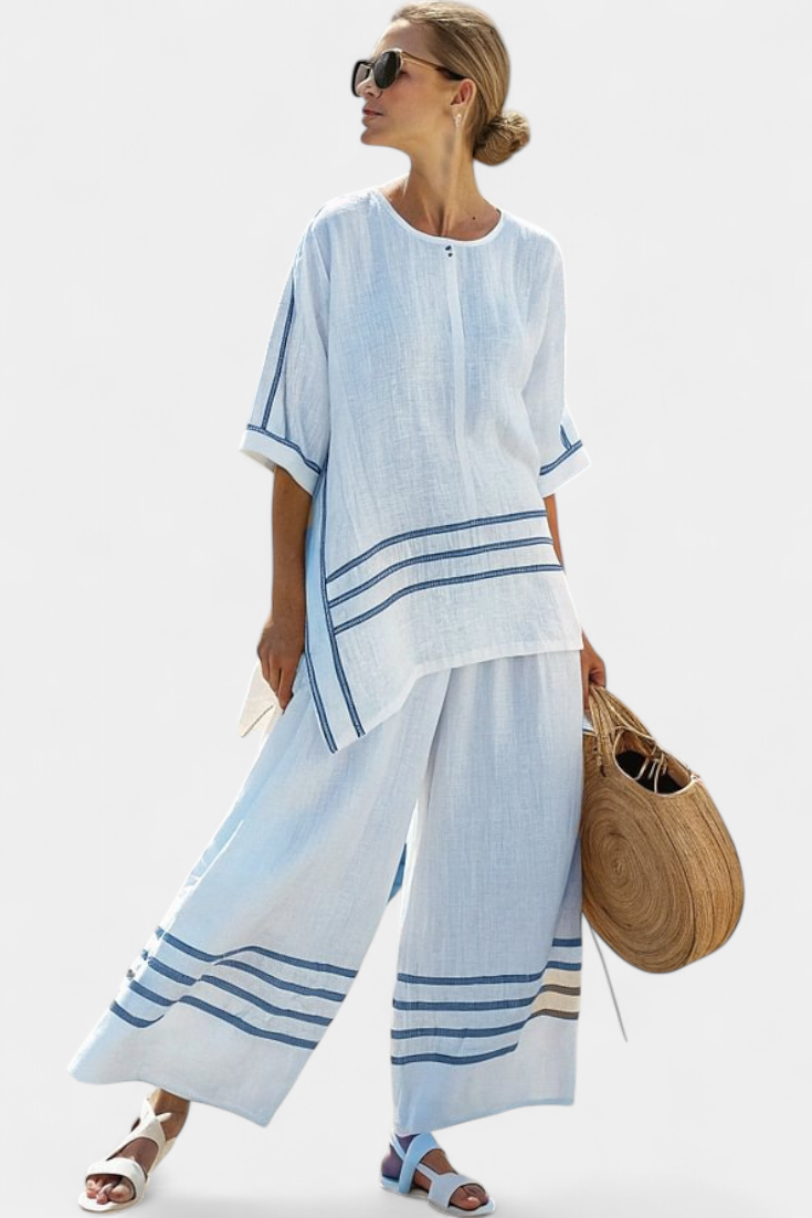 Wendy | Women's Striped Asymmetrical Top & Wide-Leg Pants