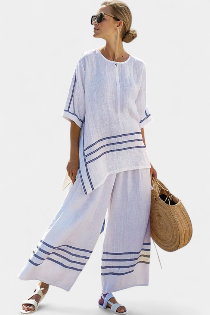 Wendy | Women's Striped Asymmetrical Top & Wide-Leg Pants