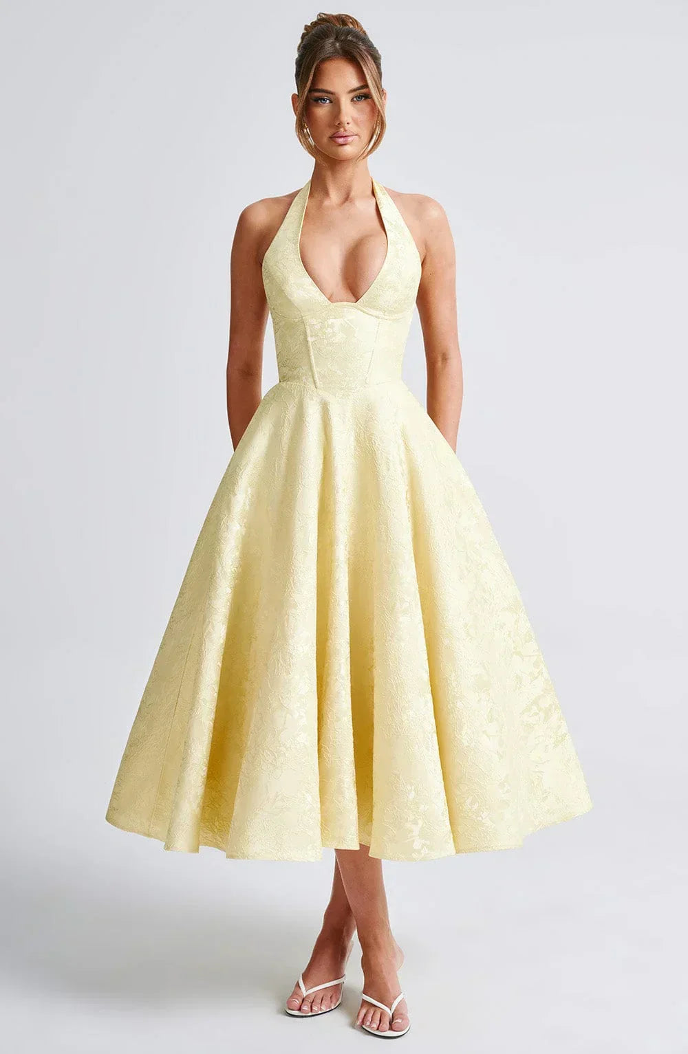 Women's Wedding Guest Midi Dress with Backless Design and Flared Skirt