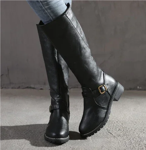 Women's leather knee-high boots with buckle strap and side zipper