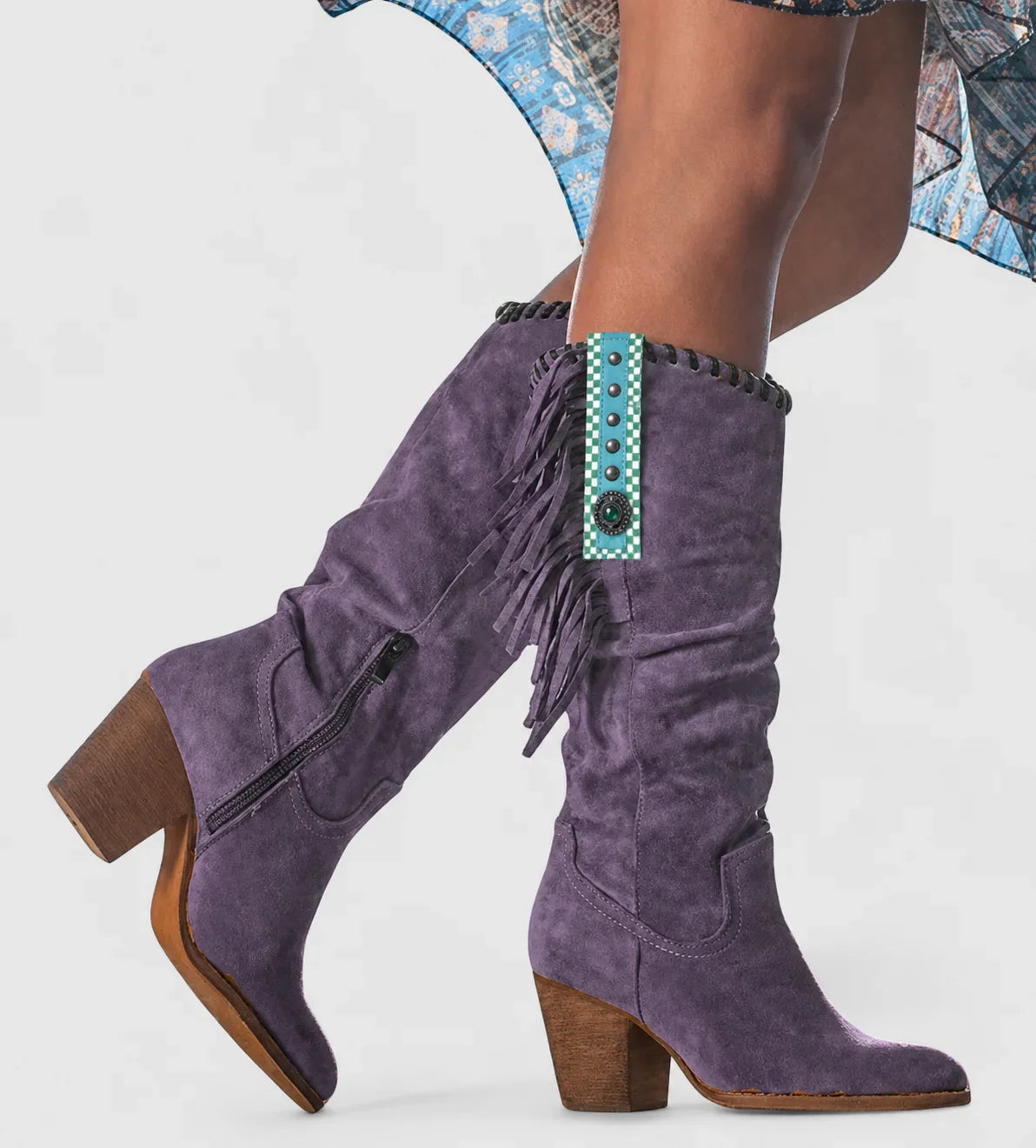 Women's orthopedic suede knee-high western boots with fringe and block heel